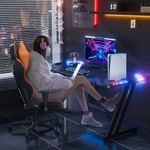 HLDIRECT 47 Inch Gaming Desk with LED Lights Carbon Fibre Surface Gaming Table Large Computer Desk Ergonomic Home Office Desks Z Shaped PC Gamer Workstations with Cup Holder & Headphone Hook