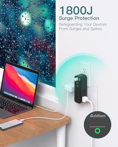 Surge Protector Outlet Extender - with Rotating Plug, 6 AC Multi Plug Outlet with 3 USB Ports, 1800J Wall Charger, 3-Sided Power Strip with Spaced Outlet Splitter for Home, Office, Travel (Black)