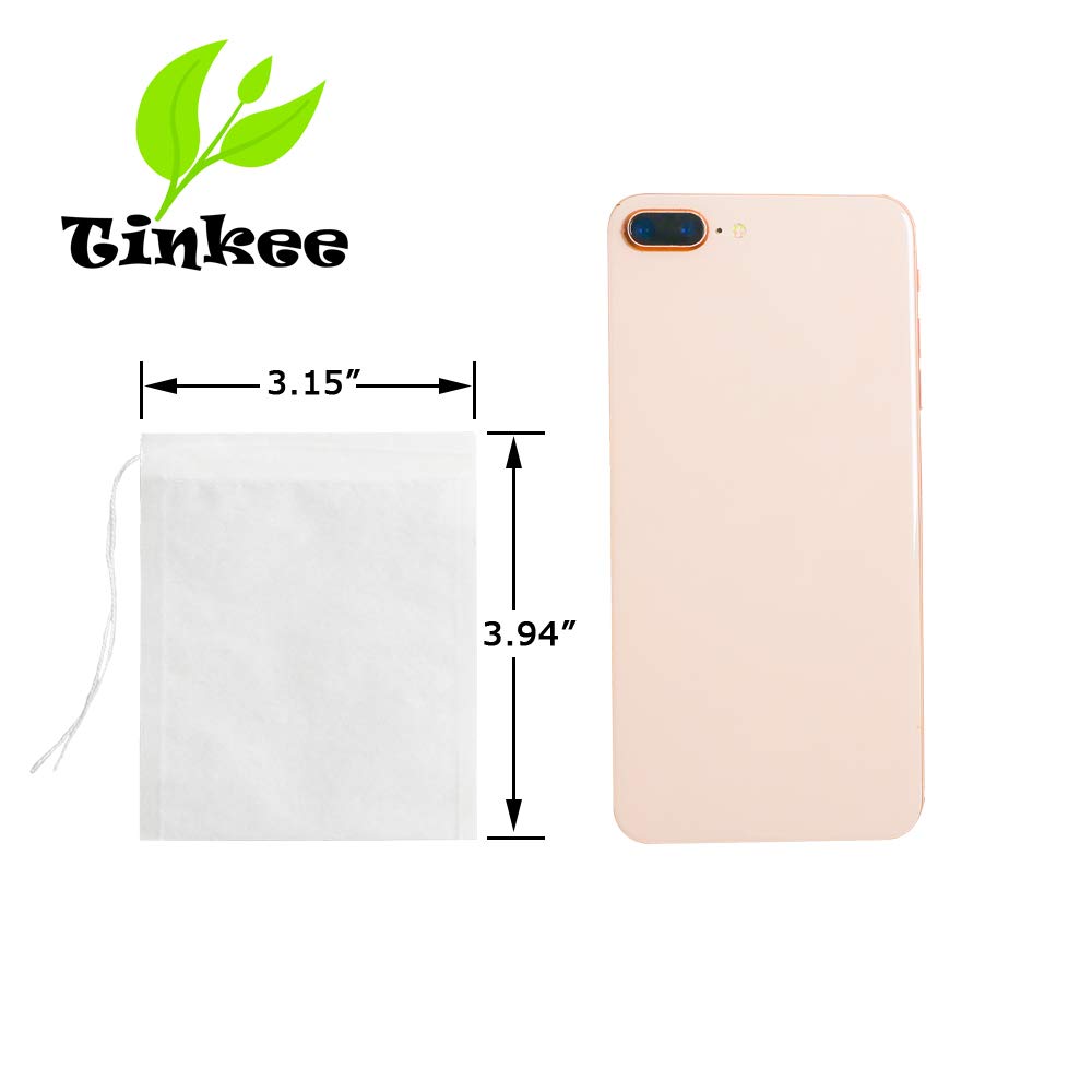 Tinkee Tea Filter bags, safe and natural material, disposable tea infuser, empty tea bag with drawstring for loose leaf tea, set of 100(3.15 x 3.94 inch ) (White)