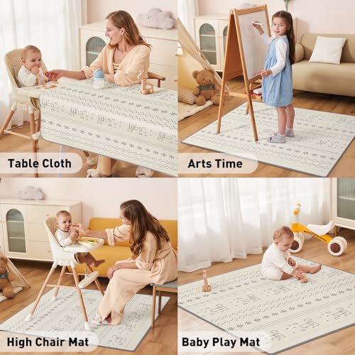 Innokids Baby Splat Mat for Under High Chair 51 x 51 Inch Waterproof and Washable Splash Mat Anti-Slip Floor Protector Under Highchair Mess Prevention (51" x 51", Beige Geometry)
