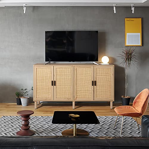 Finnhomy 4 Door Sideboard Buffet Cabinet, Kitchen Storage Cabinet with Rattan Decorated Doors, Cupboard Console Table, Boho Accent Liquor Cabinet, Bar Cabinet, 62.3X 15.7X 34.6 Inches, Natural