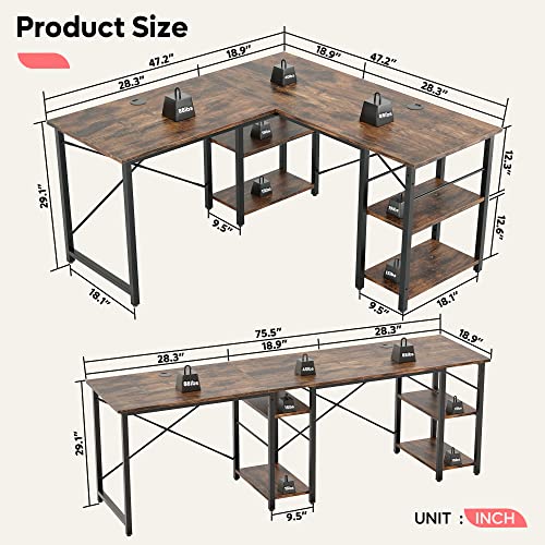 Bestier L Shaped Desk with Shelves 86 Inch Reversible Corner Computer Desk or 2 Person Long Table for Home Office Large Gaming Writing Storage Workstation P2 Board with 3 Cable Holes, Black