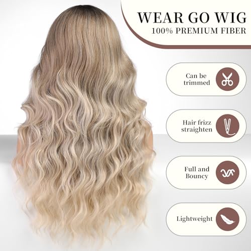 KOME Ombre Ash Blonde Long Wave Wigs for Women,Put On Go Glueless Lace Front Wig,Middle Part Synthetic Wig for Daily Party Use 26IN