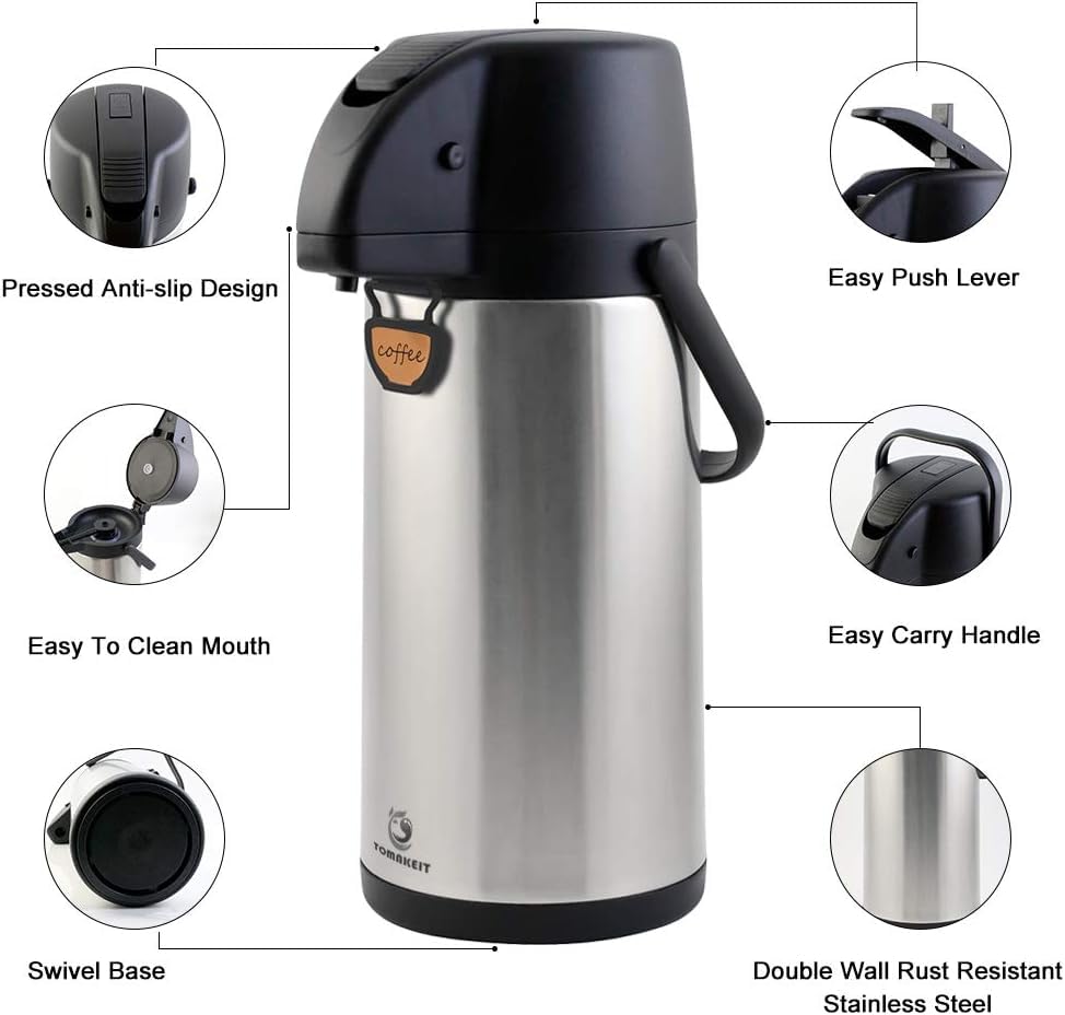 TOMAKEIT Airpot Coffee Dispenser Thermal with Pump,3L/102 Oz Insulated Stainless Steel Large Airpot Coffee Carafe Lever Action for Hot/Cold Water,Thermos for Coffee Hot Cocoa for Parties