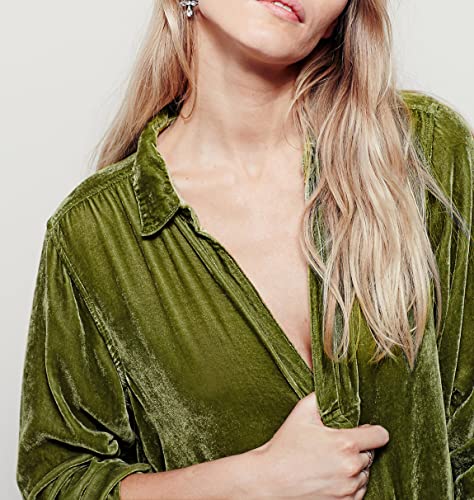 R.Vivimos Womens Velvet Long Sleeve Pocket Casual Mini Shirt Dress (Medium, Teal)