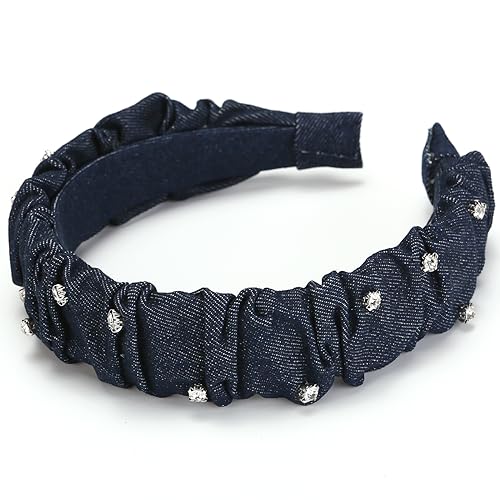 NARUNING Wide brim denim blue headband, women's fashion pleated style headband with rhinestone embellishment, suitable for all girls and women (Dark blue)