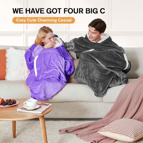 yescool Wearable Blanket Hoodie, Flannel Sherpa Fleece Blanket Sweatshirt for Adults Women Men, Big Plush Cozy Hooded Blanket with Hood, Pocket & Sleeves, Largre, One Size Fits All (Rainbow)