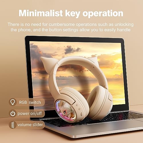 PHNIXGAM Cat Bluetooth Headphones, Wireless Headset with Mic, RGB LED Light Compatible with Mobile Phones PC Tablet, with 3.5mm Wired Mode for Audio Only, Beige