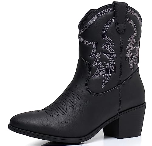 GLOBALWIN Women's Mid Calf Black Cowboy Boots The Western Fashion Cowgirl Boots For Women Low Heel Size 11M