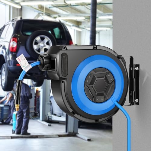 Air Hose Reel 50FT Retractable, Ceiling/Wall Mount Penumatic Hose Reel for Garage Workshop, Automatic Rewind, 3/8" x 50' Hybrid Air Hose Reel with Brass Fittings + Bend Restrictors, 300PSI