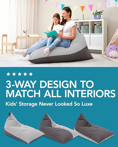 HUDDLE Original Stuffed Animal Bean Bag Storage Large Designer Beanbag Chairs for Kids Teens & Adults | Instant Clutter Clear for Stylish Moms - Stuffed Animal Storage Bean Bag Chair Grey Stripe