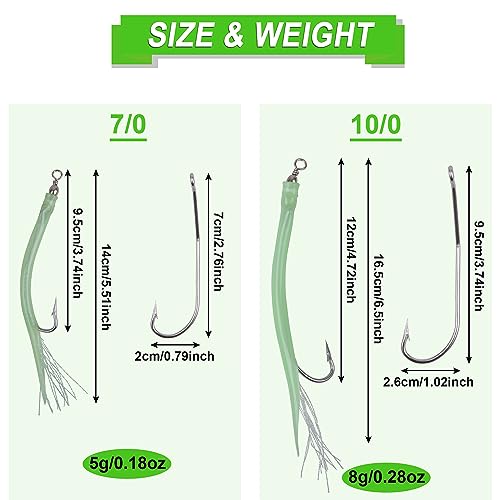 8 Packs Rubber Bass Tube Lures Cod Rig Teaser with Stainless Steel Hook Barrel Swivels Class Striped Bass Tube Lure Trolling Bass Cod Fishing EEL Hook Green 7/0