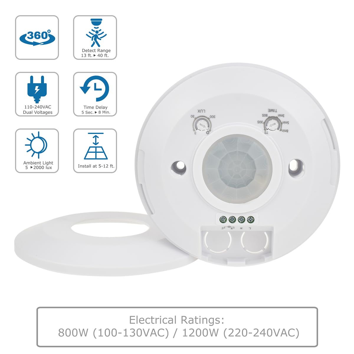 J.LUMI YCA1050 PIR Motion Sensor Light Switch, 85-265V AC 2000W, Ceiling Mount Motion Sensor Ceiling Motion Sensor Switch, PIR Occupancy Sensor, Slim Profile, White