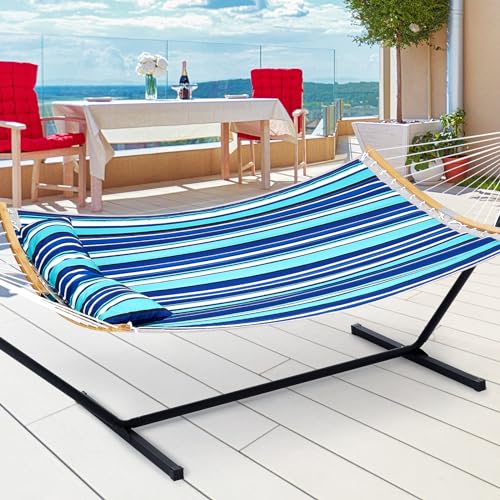 Touchat Double Hammock with Stand Heavy Duty, 480 LB Capacity Two Person Portable Hammock with Pillow, Curved-Bar, Portable Storage Bag, Anti-Rollover Design for Outside & Indoor