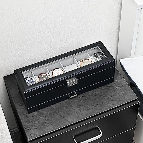 ProCase Watch Box for Men, 3 Slot Watch Display Case with Drawer, Mens Watch Case With Glass Lid, 2-Layer Jewelry and Watch Storage Watch Holder Organizer for Men Women -3 Slot, Black