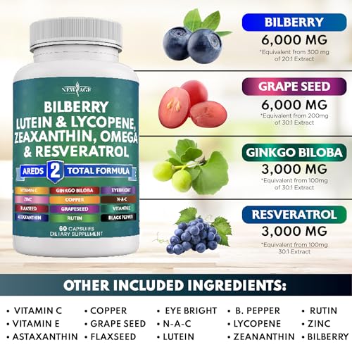 NEW AGE Eye Health Vitamins with Bilberry 6000mg Lutein & Zeaxanthin 40mg Lycopene 40mg Resveratrol 3000mg Grape Seed Extract 6000mg Astaxanthin - Eye Vitamin - 60 Count