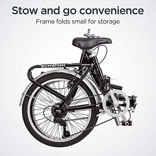 Schwinn Loop Adult Folding Bike for Men and Women, 20-inch Wheels, 7-Speed Drivetrain, Rear Cargo Rack, Carrying Bag, Black