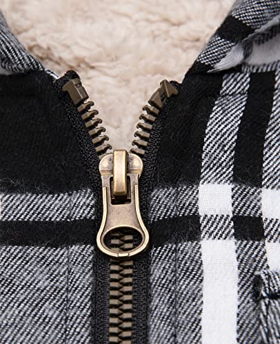ZENTHACE Girls Sherpa Fleece Fall Winter Flannel Jacket Kids Buffalo Plaid Flannel Shirt Hoodie Zip Up Sweatshirt Black White S Size 5-6