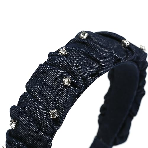 NARUNING Wide brim denim blue headband, women's fashion pleated style headband with rhinestone embellishment, suitable for all girls and women (Dark blue)