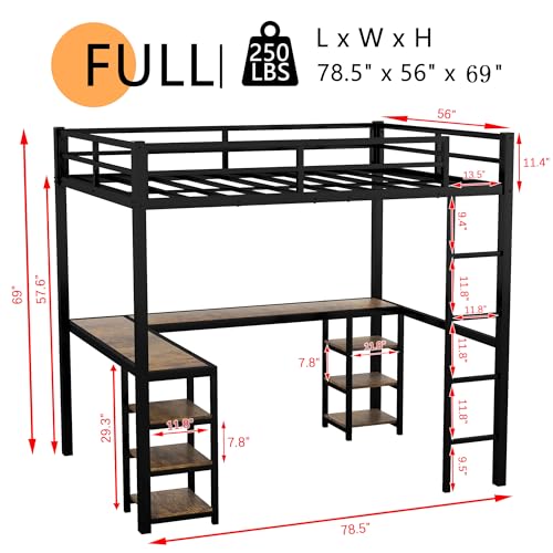 Full Size Loft Bed with Desk and Storage Shelves, Heavy Duty Metal Loft Bed with L-Shaped Desk and Ladder, Full Size Loft Bed for Kids, Teens, Black Loft Bed Full Size