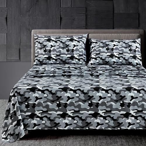 Chezmoi Collection Military Camo 3-Piece Sheet Set - Camouflage Black Gray Printed Microfiber Soft Breathable Deep Pocket Sheets and Pillowcases Set, Twin Size