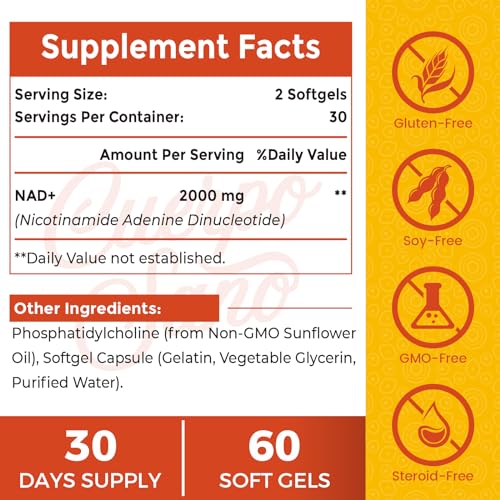 2000 MG NAD Supplement, Liposomal NAD+ Supplement with High Absorption, More Efficient Than Nicotinamide Riboside, Pure & Plus Boosting Supplement, Aging Defense, Metabolism & Cellular, 60 softgels