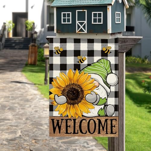 DLZDN Sunflower Gnome Garden Flag 12×18 Inch Double Sided Buffalo Plaid Farmhouse Welcome Yard Flag Spring Summer Seasonal Outdoor Decor