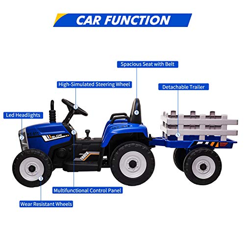 Nasitip 12V Kids Battery Powered Electric Tractor with Trailer, Toddler Ride On Car w/Remote Control/ 7-LED Headlights/ 2+1 Gear Shift/ MP3 Player/USB Port for Kids 3-6 Years (Blue, 25W/ Tread Tire)
