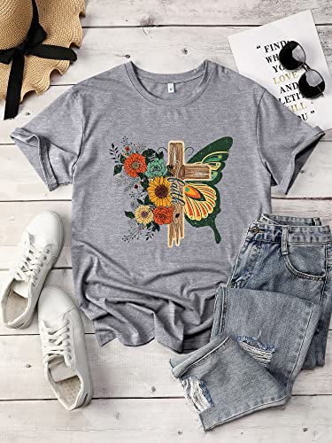FEMLE Women's Cross Faith T Shirt Cute Short Sleeve Butterflies Flowers Graphic Tees Casual Loose Summer Tops