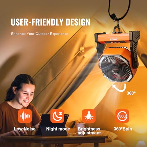 VEVOR 20,000mAh Camping Fan, 8 Inch Battery Operated Fan with LED Lantern, Rechargeable Fan Portable with 4 Speeds, 270°Head Rotation, Outdoor Tent Fan with Hook for Picnic, Barbecue, Fishing, Travel