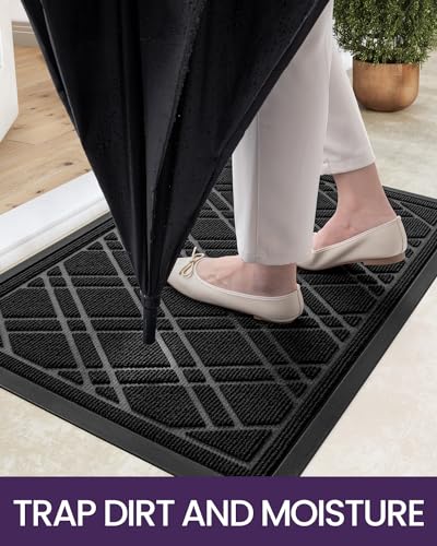DEXI Front Door Mat Outside Entrance, All-Season Heavy Duty Rubber Indoor Outdoor Doormat, Fade Resistant, Low-Profile, Easy Clean Patio Entryway Rug, 17"x29", Weave Grey