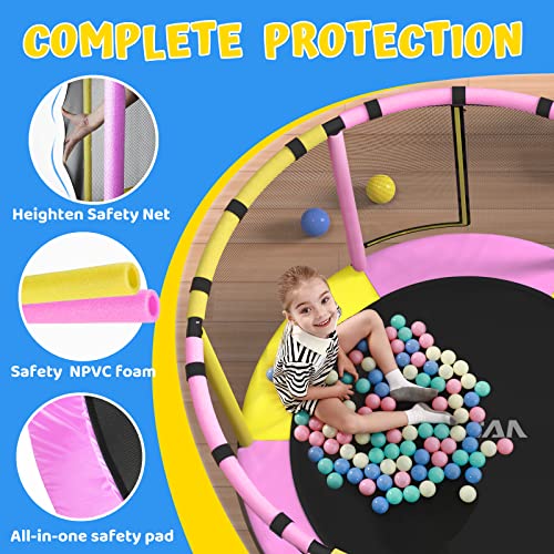 BCAN 60'' Mini Trampoline for Kids, 5FT Toddler Trampoline - Indoor/Outdoor Use with Enclosure Net, Thicker Foam Handle, Adjustable Gymnastics Bars, Basketball Hoop, Gifts for Boys & Girls