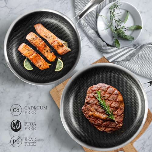 Innerwell Tri-Ply Stainless Steel Frying Pan Set with Lid,8 Inch,9.5 Inch and 11 Inch Nonstick Honeycomb Stainless Steel Cooking Pan Set of 3,Skillet Works Pan for Cooking with Induction Gas Stovetops
