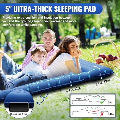 KASIMO Double Sleeping Pad for Camping,5" Ultra-Thick 1.4x2M for 2 Person with Pillow Built-in Foot Pump Inflatable Sleeping Mat for Backpacking, Hiking, Traveling, Tent, Portable Camping Mat