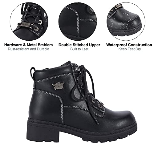Dream Apparel Womens Lace Up Motorcycle Riding Boots with Side Zipper, Black Faux Leather Ankle Booties Biker Boots, Military Combat Booties for Ladies with Low Heel, 11