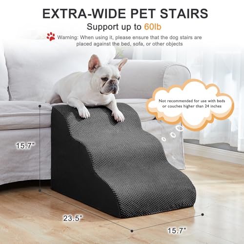 Dog Stairs Ramps for Small/Medium Dogs to Beds and Couch Up to 24'', 4-Step Dog Steps with Sturdy High-Density Foam, Pet Stairs with Non-Slip Bottom for Puppy and Cat, with Hair Remover Roller, White