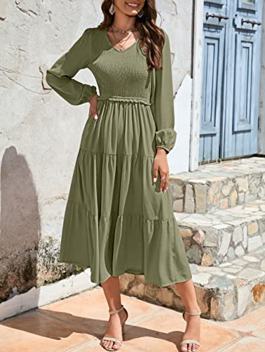 MEROKEETY Women's Long Ballon Sleeve V Neck Dress Smocked Casual Solid Ruffle Flowy Swing Dresses,Wine,M