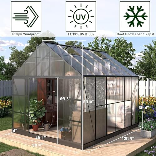 AMERLIFE 12x10x10FT Polycarbonate Greenhouse with 2 Sliding Doors 4 Vents Walk-in Premium Professional Greenhouse Storage Aluminum Large Hot House for Outdoor Sunroom Garden Backyard Matte, Black