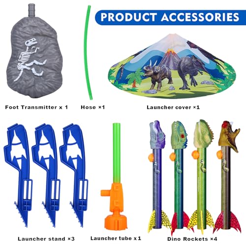 Gizzjoy Dinosaur Toy Rocket Launcher for Kids - Launch Up to 100 Ft, 4 Rockets, Outdoor Outside Toys for Kids, Dinosaur Toys, Birthday Gifts for 3 4 5 6 7 8-12 Year Old Boys Girls