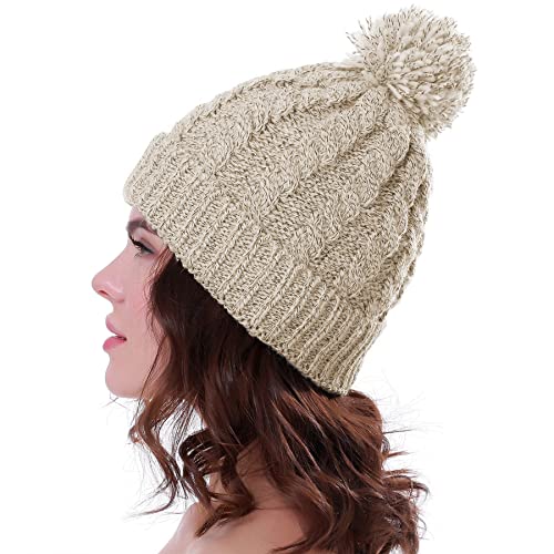 Women's Winter Beanie Warm Fleece Lining - Thick Slouchy Cable Knit Skull Hat Ski Cap (Cream)