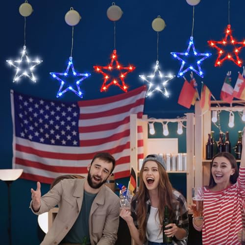 ZhenQiu 4th of July Window Lights 3 Pack Lighted Fourth of July Decorations with Suction Cups, Battery Operated Red White Blue Hanging Star Window Silhouette Lights for Independence Day Decor