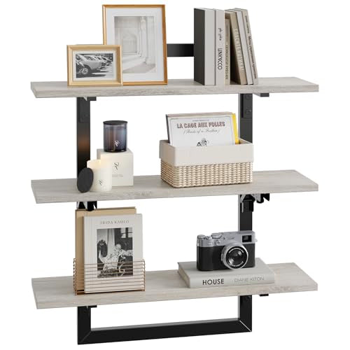 Bestier Floating Shelves for Wall, 24 inch Kitchen Shelves Wall Mounted, 3 Tier Coffee Bar Shelf with Foldable Brackets, Industrial Display Shelf for Bathroom, Living Room, Retro Grey