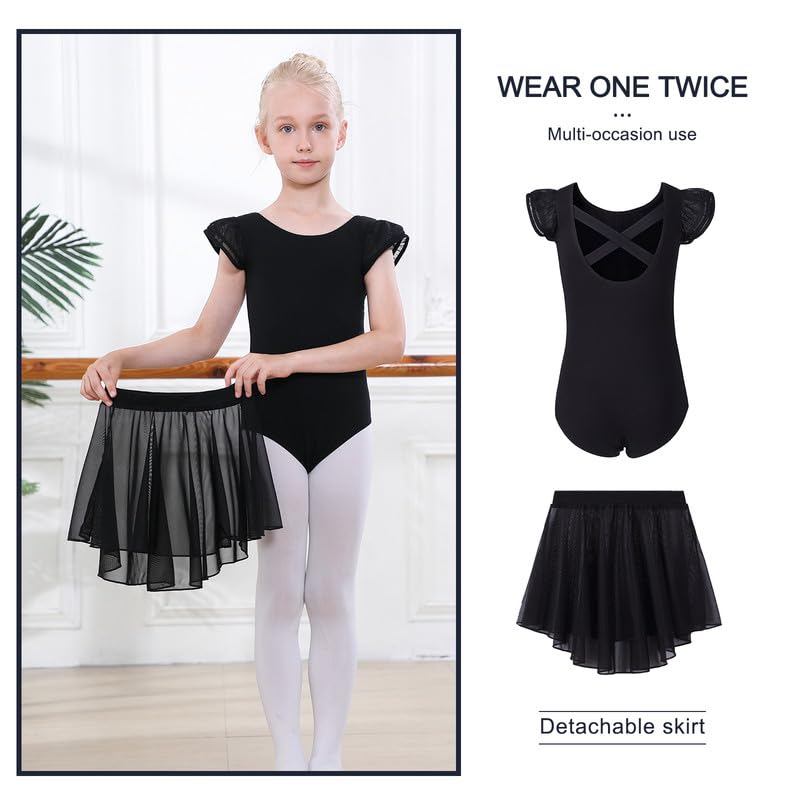 DIPUG Girls Ballet Leotards with Removable Skirt Toddler Flutter Sleeve Criss Cross Back Dance Leotard Combo 2t 3t 4t XS Black