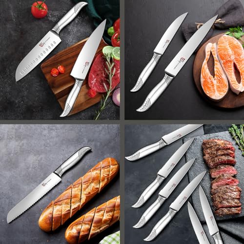 SYOKAMI Knife Block Set, 14 Pieces Japanese Style Knife Set With Magnetic Holder, High Carbon Stainless Steel Ultra Sharp Knives With Ergonomic Handle, Including Sharpener And Shears, Black Dot