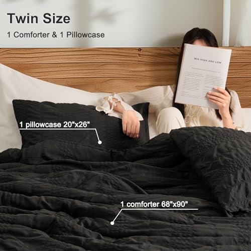 PHF Seersucker Black Twin Size Comforter Set, 2 Pieces Summer Lightweight Soft Fluffy Bedding Set, Boho Strip Comy Down Alternative Cooling Comforter with 1 Pillowcase, 68" x 90", Black