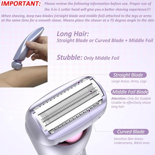 Electric Shaver for Women Legs, Lady Razors Hair Removal Waterproof Wet or Dry for Underarm Arm Bikini Private Area Pubic Hair, Portable Painless Ladies Body Hair Trimmer Remover (Purple)