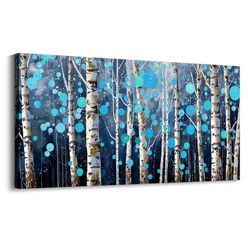 HKDGOKA Wall Art for Living Room Blue Forest Painting Abstract Tree Landscape Panoramic Canvas Textured Picture,Modern Larg Artwork Framed for Bedroom Bathroom Office Home Decor 40"x20"