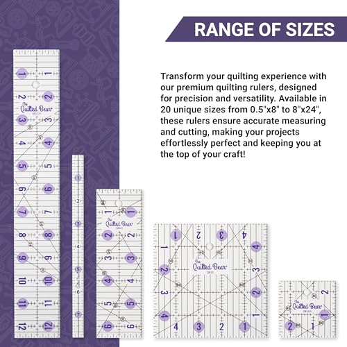 The Quilted Bear Quilting Rulers - Transparent Acrylic Non Slip Quilting, Patchwork & Sewing Ruler with Clear Black Lines & 30, 45 & 60 Degree Angles (2" x 12")
