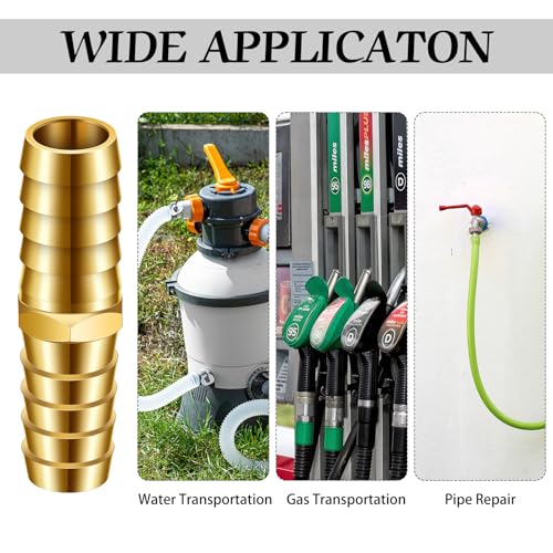 Yaocom 12PCS Brass Hose Barb Union Fitting Barb Splicer Mender Joiner Hose Fitting with 18PCS Stainless Steel Pipe Hose Clamp for Air/Water/Fuel/Oil, 3/16 1/4 5/16 3/8 1/2 5/8 Inch (Brassy,L Fitting)