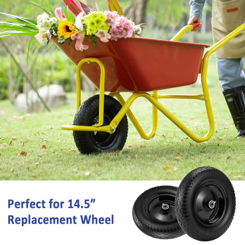 4.80/4.00-8" Flat Free Tire and Wheel 14.5" Wheelbarrow Tire,with 5/8" Axle Bore Hole,3"Center Hub and 3/4" Bearings,Universal Replacement Solid Tire for Hand Truck/Utility Cart/Garden Cart